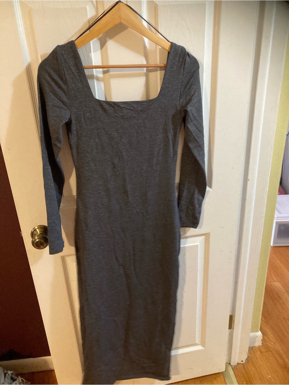 Gray Long Sleeve Square Neck Women's Midi Dress